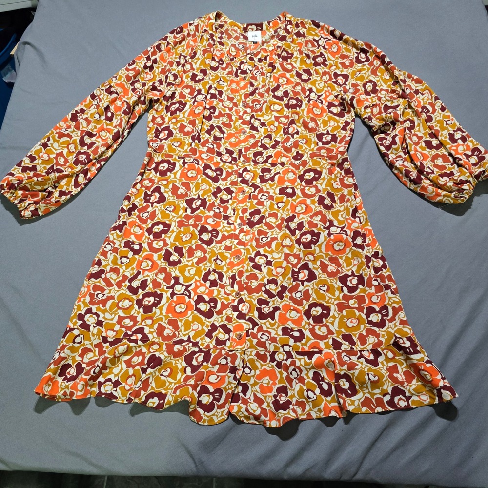 Cabi Button Front Dress Women L Orange Floral Ruffle Hem Balloon Sleeve 4238